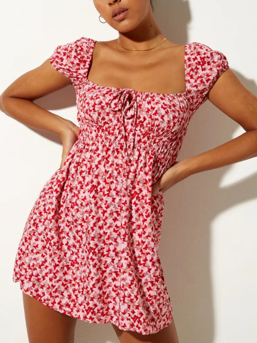 Galova Mini Dress In Ditsy Butterfly Peach And Red 🦋 Motel Rocks